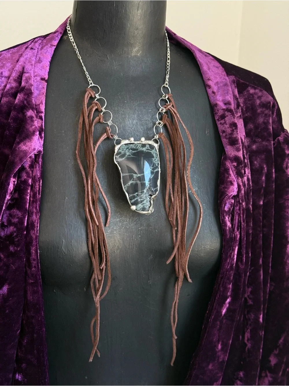 Spiderweb obsidian statement Fringe Necklace southern gothic boho jewelry